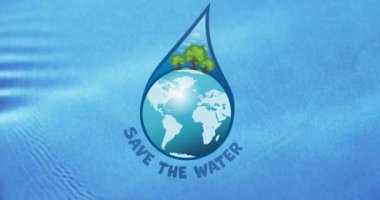 Mavi arkaplanda su damlasına kaydedilen su metninin ve kürenin animasyonu. Sürdürülebilirlik, su tasarrufu ve iklim değişikliği farkındalığı kavramı dijital olarak oluşturulmuş video.