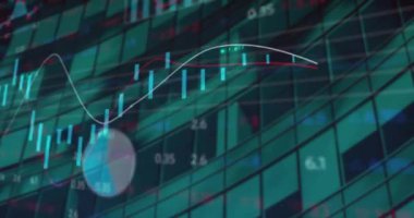 Animation of financial data processing over cityscape. Global business, finances, computing and data processing concept digitally generated video.