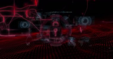 Siyah zemin üzerinde daireler, grafikler, küreler ve bilgisayar dilinde asma kilit animasyonu. Dijital olarak üretilmiş, hologram, koruma, küreselleşme, rapor, iş dünyası, kodlama ve teknoloji kavramı.