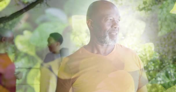 Animace Skvrn Světla Stromů Nad Usměvavým Starším Afroameričanem Zahradě Štěstí — Stock video