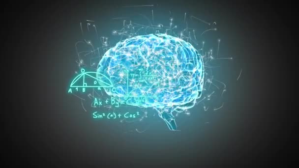人間の脳が灰色の背景に対して回転する光を超えた数学的方程式のアニメーション 医学研究 科学技術コンセプト — ストック動画