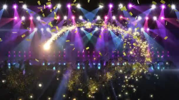 Анимация падающей звезды над светящимися пятнами света на черном фоне. Новый год, вечеринка, празднование концепции цифрового генерируемого видео.