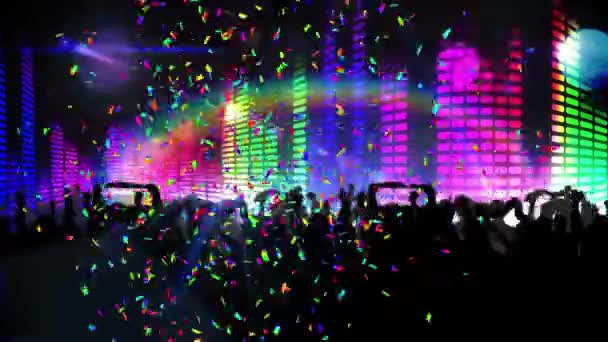 Animación Personas Bailando Confeti Luces Fiesta Disco Sobre Fondo Negro — Vídeo de stock