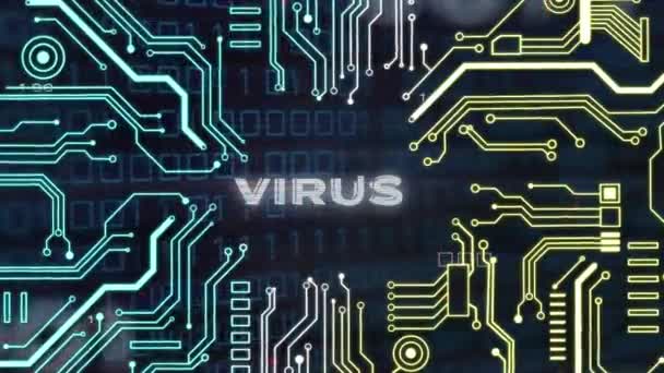 Animation Virus Text Banner Microprocessor Connections Binary Coding Data Processing — Stock Video