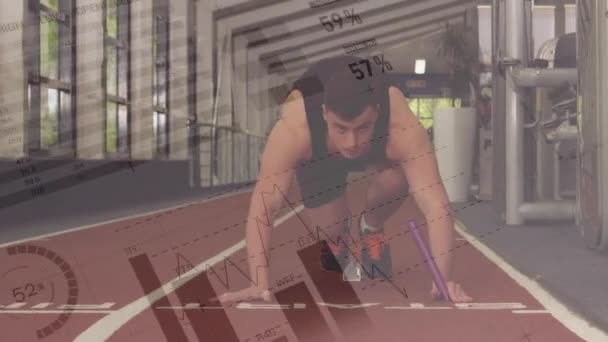 Animace Zpracování Statistických Dat Přes Bělošského Atleta Běžícího Výchozí Pozice — Stock video