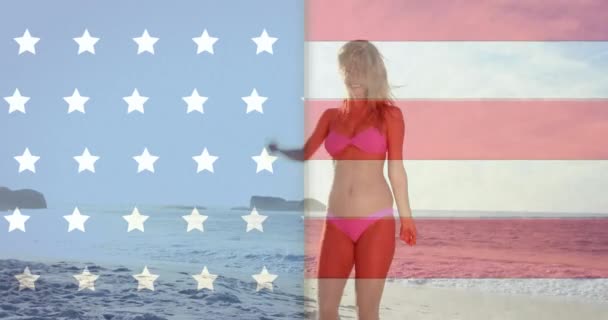 Animáció Zászló Usa Felett Kaukázusi Strandon Nyáron Amerikai Amerikai Hazafiság — Stock videók