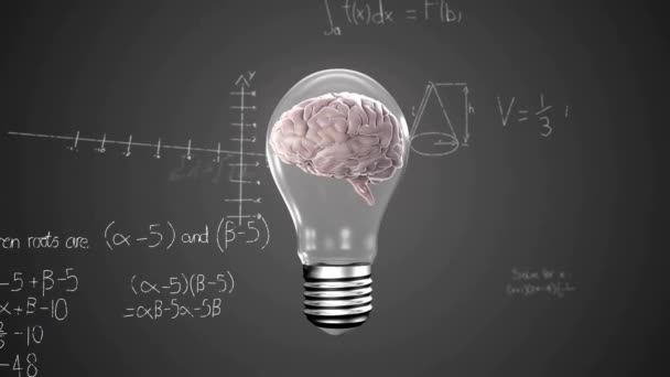 Animering Glödlampa Med Hjärnan Över Kvinnans Hand Och Matematisk Databehandling — Stockvideo