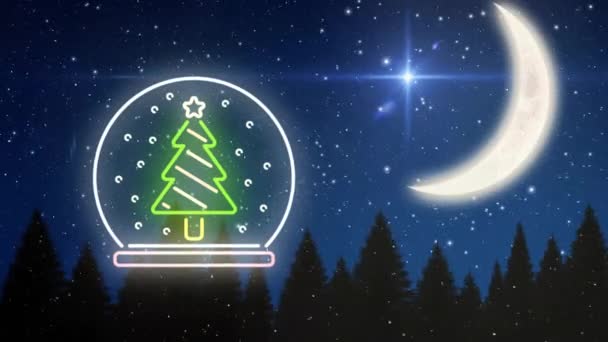 Animation Des Neonfarbenen Weihnachtsbaums Und Der Mondsichel Hintergrund Der Winterlandschaft — Stockvideo