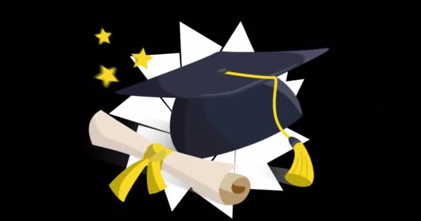 Animation Des Abschlusszeugnisses Und Des Diplomabschlusses Vor Schwarzem Hintergrund Mit — Stockvideo