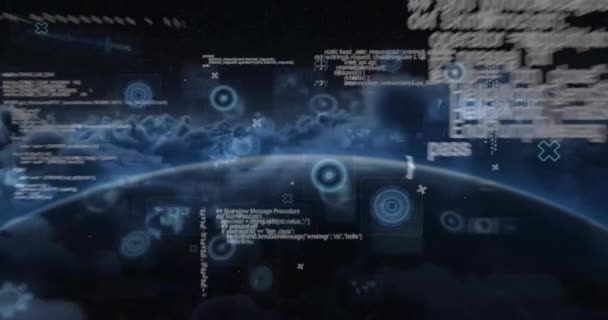 Animación Lenguaje Informático Círculos Radares Globo Terráqueo Sobre Vista Aérea — Vídeos de Stock