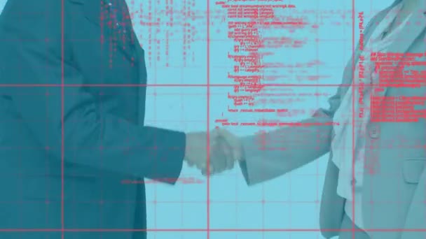 オフィスで握手する多様な人々を超えるデータ処理のアニメーション グローバルビジネス コネクション デジタルインターフェース データ処理コンセプトをデジタル生成したビデオ — ストック動画