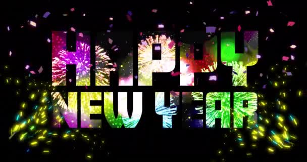Animation Happy New Year Text Confetti Cityscape Black Background New — Stock Video