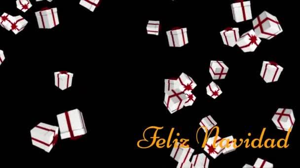 Animation Feliz Navidad Text Banner Christmas Gift Icons Falling Black — Stock Video