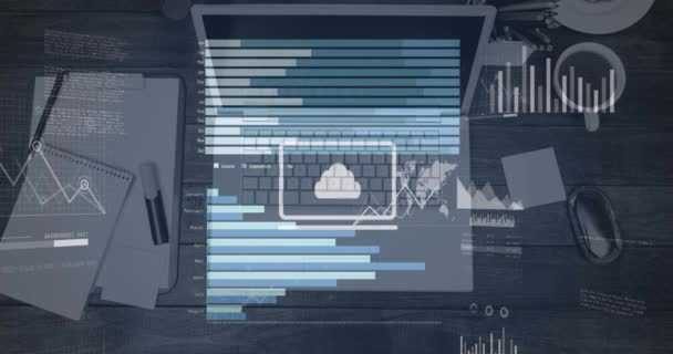 Infografikai Interfész Számítógépes Alkalmazások Animációja Laptopon Irodai Kellékeken Digitális Kompozit — Stock videók