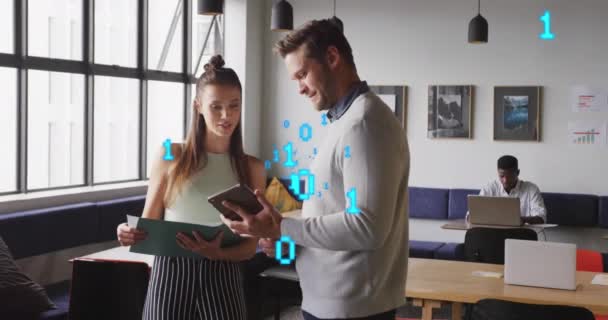 Animation Binary Codes Caucasian Coworkers Standing Discussing Reports Digital Tablet — Stock Video