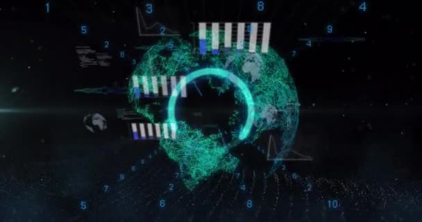 Анімація Статистичної Обробки Даних Фоні Обертання Глобуса Чорному Тлі Концепція — стокове відео