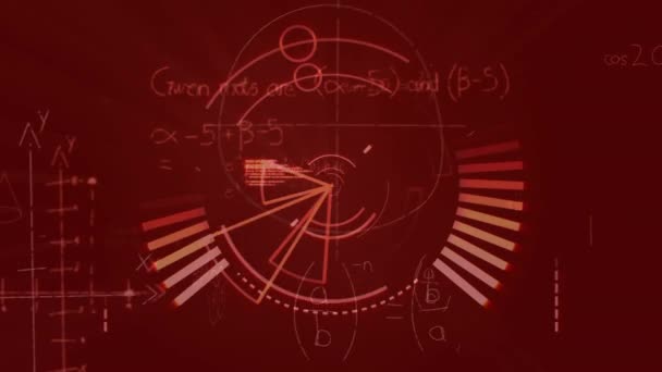 Animacja Skanera Okrągłego Przetwarzanie Danych Równania Matematyczne Czerwonym Tle Interfejs — Wideo stockowe