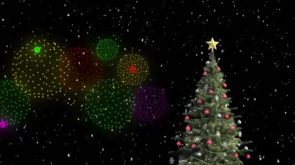 Animação Fogos Artifício Sobre Árvore Natal Fundo Cenário Inverno Natal — Vídeo de Stock