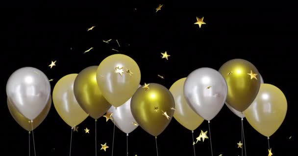 黒い背景に星が付いている金および銀の風船のアニメーション 大晦日 パーティー お祝い 伝統的なコンセプトがデジタル生成されたビデオ — ストック動画