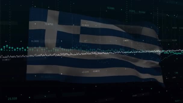 Animatie Van Statistische Gegevensverwerking Golvende Griekse Vlag Tegen Zwarte Achtergrond — Stockvideo