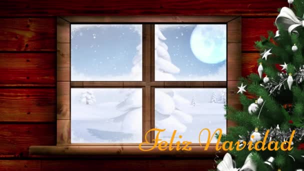 Animazione Feliz Navidad Testo Sopra Albero Natale Finestra Legno Cornice — Video Stock