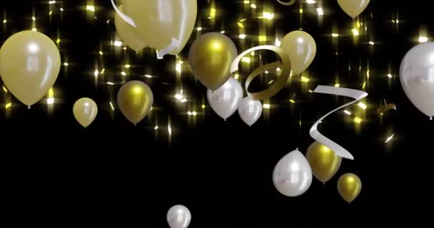 Animering Guld Och Silver Ballonger Med Glödande Fläckar Svart Bakgrund — Stockvideo