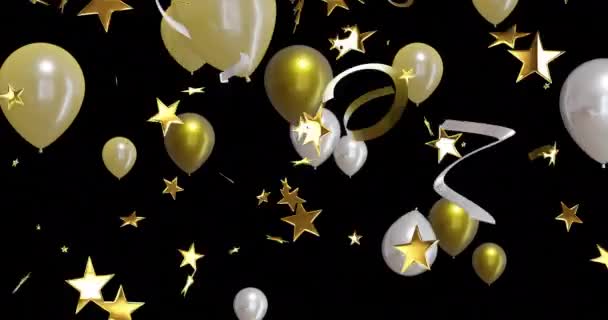 黒い背景に星が付いている金および銀の風船のアニメーション 大晦日 パーティー お祝い 伝統的なコンセプトがデジタル生成されたビデオ — ストック動画