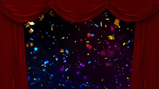 Animatie Van Rode Gordijnen Confetti Vallen Zwarte Achtergrond Nieuwjaar Nieuwjaarsavond — Stockvideo
