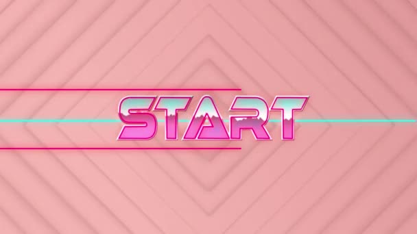 正方形のパターンを持つネオルフィックピンクの背景に対する開始テキストバナーのアニメーション ビデオゲームとエンターテインメント技術のコンセプト — ストック動画