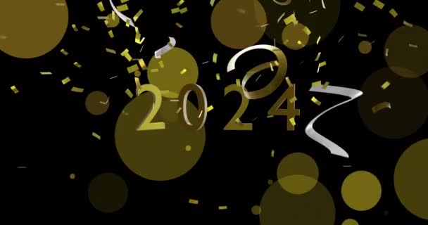 Animation 2024 Avec Confettis Poteaux Lumière Sur Fond Noir Nouvel — Video