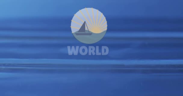 世界の海洋日テキストのアニメーションと水の背景に太陽と帆 持続可能性 水の節約 気候変動意識のコンセプトデジタル生成ビデオ — ストック動画