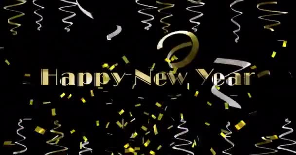 Animatie Van Vrolijke Nieuwjaarstekst Party Streamers Confetti Zwarte Achtergrond Nieuwjaar — Stockvideo