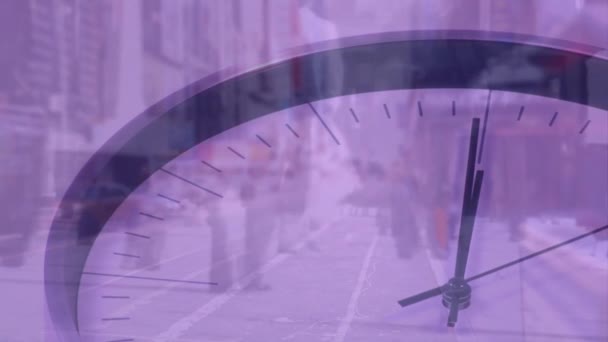 Animación Del Reloj Corriendo Sobre Fondo Ciudad Negocios Globales Redes — Vídeo de stock