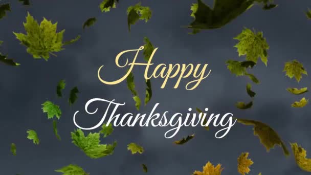 Κινούμενα Σχέδια Χαρούμενων Ευχαριστιών Κείμενο Πάνω Από Πράσινα Φύλλα Κατά — Αρχείο Βίντεο