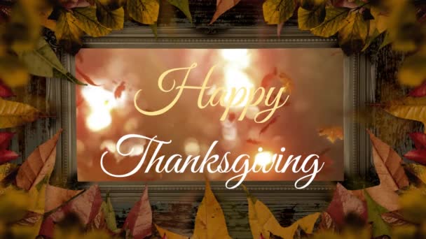Animation Happy Thanksgiving Text Falling Leaves Mirror Wooden Frame Leaves — Stock Video
