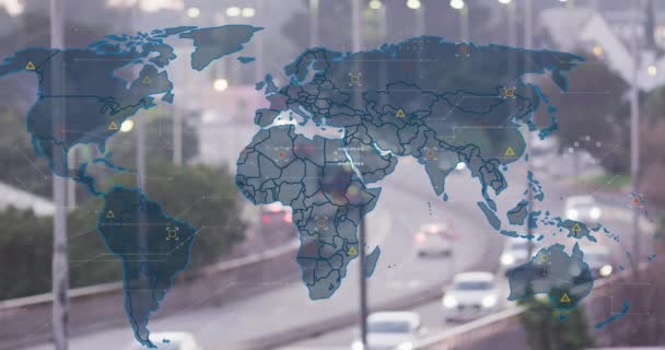 针对城市交通的空中景观绘制世界地图 全球联网和商业技术概念 — 图库视频影像