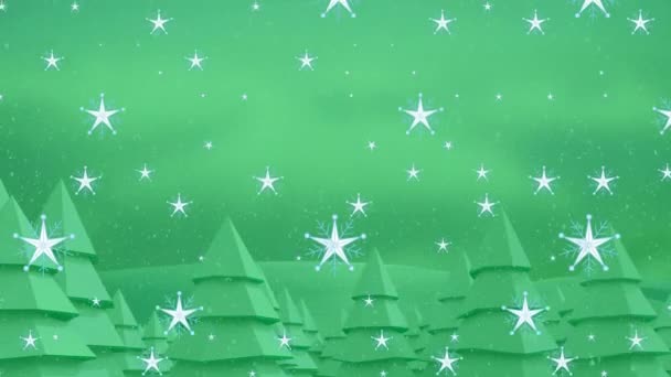 Анимация Падающих Звезд Санты Санях Северными Оленями Над Деревьями Зеленом — стоковое видео