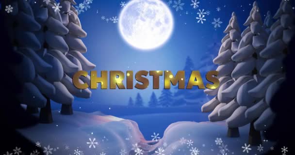 Анімація Різдвяного Тексту Над Зимовими Пейзажами Повним Місячним Фоном Ширстмас — стокове відео