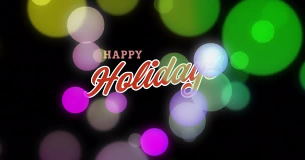 ハッピーホリデーのテキストとマルチカラーレンズのアニメーションは 黒い背景の上にフレア デジタル生成 ホログラム イラスト フェスティバル クリスマス お祝いのコンセプト — ストック動画