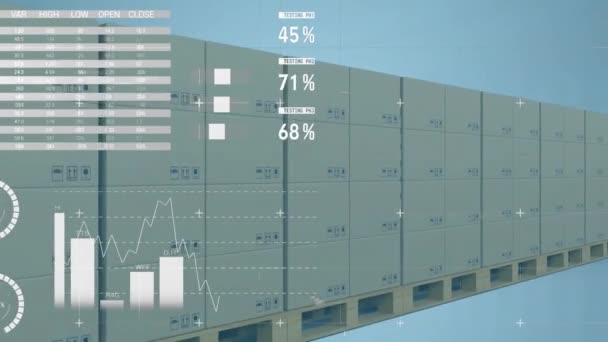 Animación Interfaz Infográfica Sobre Cajas Cartón Sobre Paletas Madera Sobre — Vídeo de stock