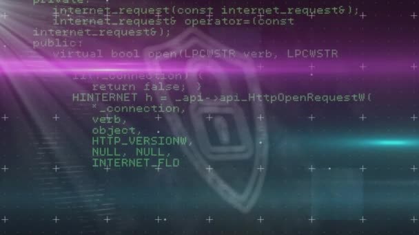 黒い背景に対するセキュリティパドロックアイコン上の紫と緑色の光のトレイルのアニメーション サイバーセキュリティとビジネス技術のコンセプト — ストック動画