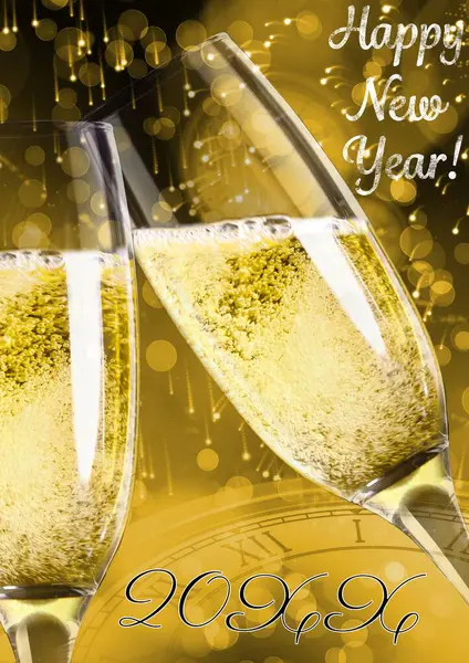 Composition of new year\'s eve invitation text over champagne glasses. New year\'s eve invitation, celebration and tradition concept digitally generated image.