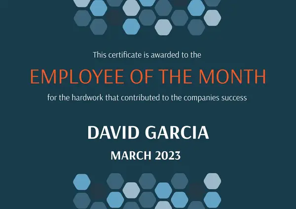 Illustration of this certificate if awarded to the employee of the month, david garcia, march 2023. For the hard work that contributed to the companies success, award, success, template, design.