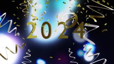 Siyah arka planda 2024 parti flaması ve konfeti animasyonu. Yeni yıl, yeni yıl arifesi, parti, kutlama ve geleneksel konsept dijital olarak oluşturulmuş video.