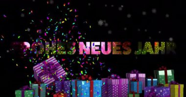 Frohes neues jahr metin ve konfeti animasyonları siyah arka planda sunuluyor. Yeni yıl, yeni yıl arifesi, kutlama ve geleneksel konsept dijital olarak oluşturulmuş video.