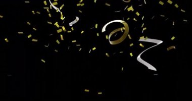 Siyah arka planda parti flamaları ve konfeti animasyonu. Yeni yıl, yeni yıl arifesi, parti, kutlama ve geleneksel konsept dijital olarak oluşturulmuş video.