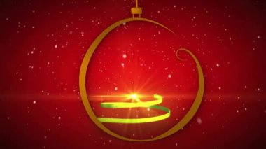 Kırmızı arka planda kar yağışının ardından kurdelenin Noel ağacını oluşturması. Dijital olarak üretilmiş, hologram, kış, illüstrasyon, Noel, dekorasyon ve kutlama konsepti.