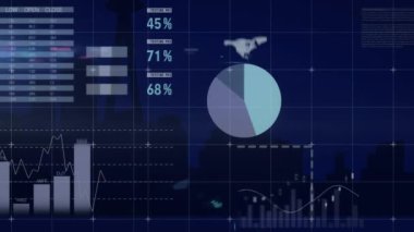 Şehir manzarasının havadan görüntüsüne karşı istatistiksel veri işleme animasyonu. Bilgisayar arayüzü ve iş veri teknolojisi kavramı