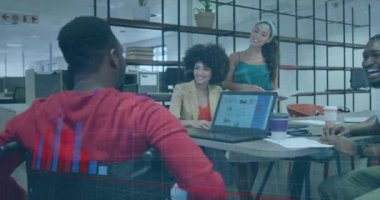 Animation of financial data processing over diverse business people in office. Global business, finances, computing and data processing concept digitally generated video.