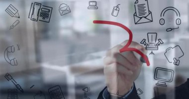 İş adamının el hareketli takım metninin animasyonu cam tahtada iş konsepti simgeleriyle birlikte. İş teknolojisi kavramı